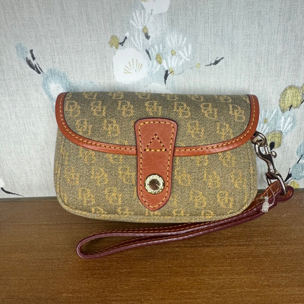 Dooney & Bourke Olive Monogram Jacquard Wristlet Amber Leather Trim